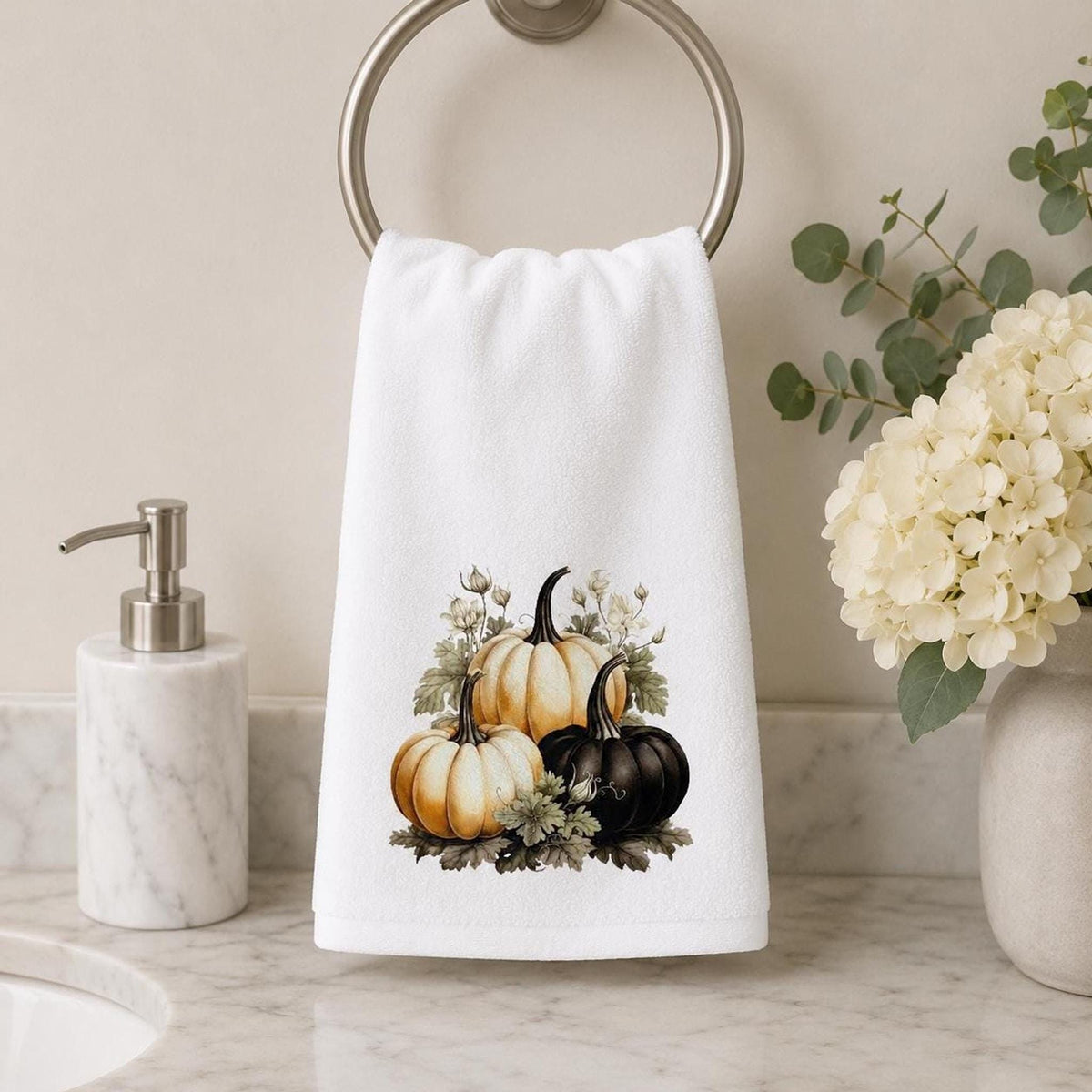 Black Pumpkin Hand Towel, 15 × 25 Inch Sheared Polyester Front, Cotton Terrycloth Back