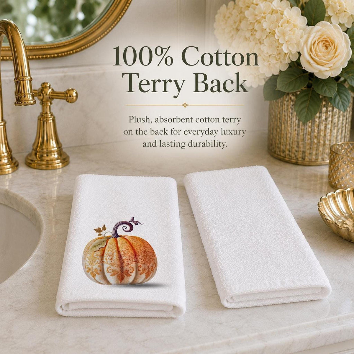 Fingertip Towel, Orange Pumpkin Print with 100% Cotton Terry Back