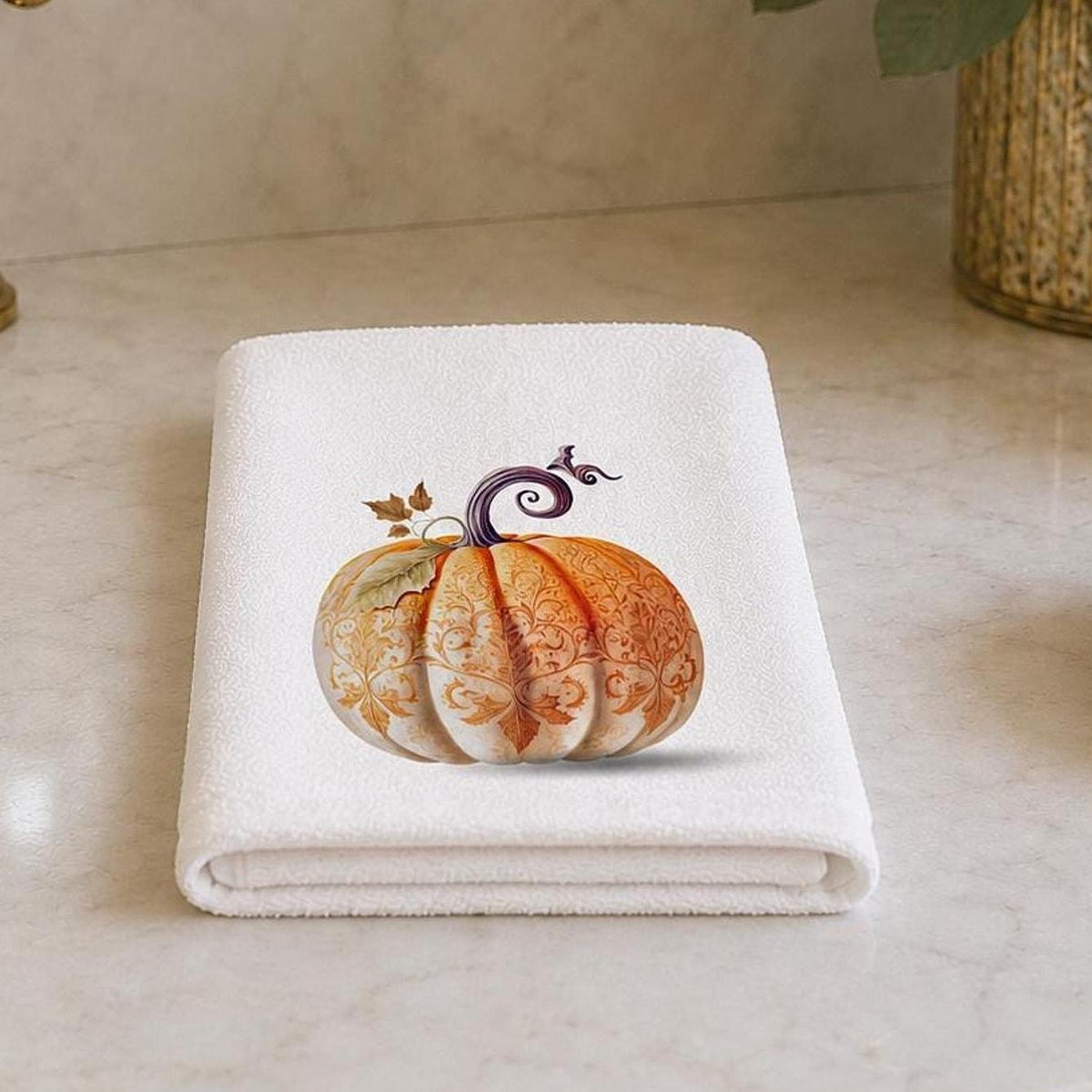 Fingertip Towel, Orange Pumpkin Print with 100% Cotton Terry Back