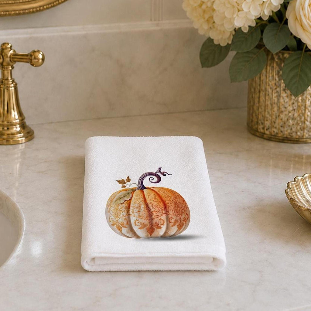 Fingertip Towel, Orange Pumpkin Print with 100% Cotton Terry Back