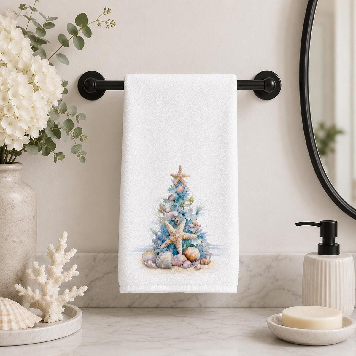 Seashell Towel, Coastal Christmas Decor with Starfish Tree, 15 × 25 Inches