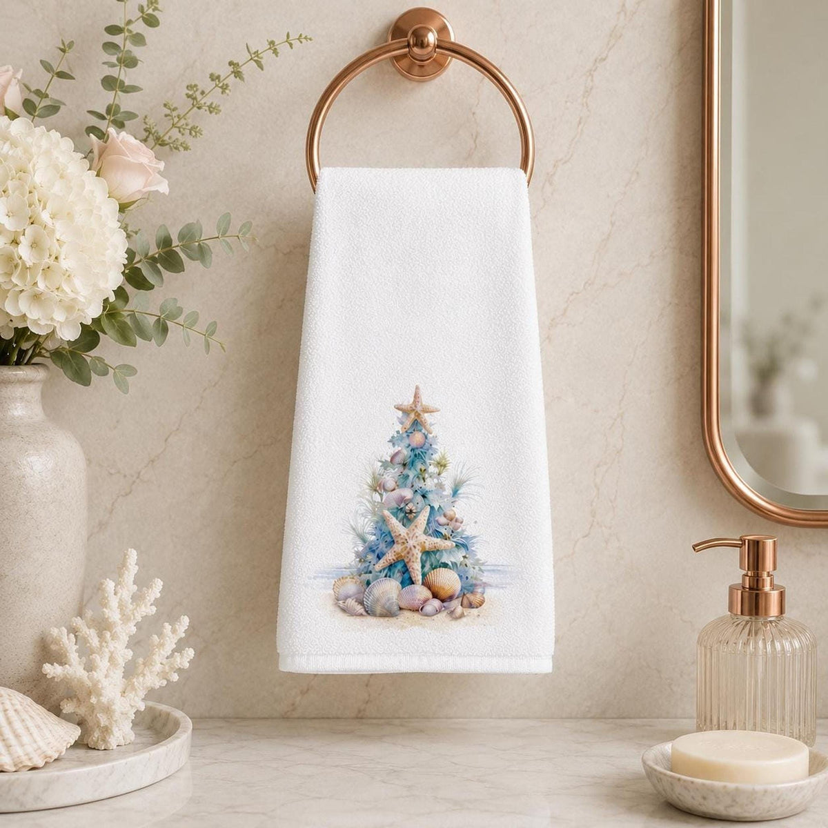 Seashell Towel, Coastal Christmas Decor with Starfish Tree, 15 × 25 Inches
