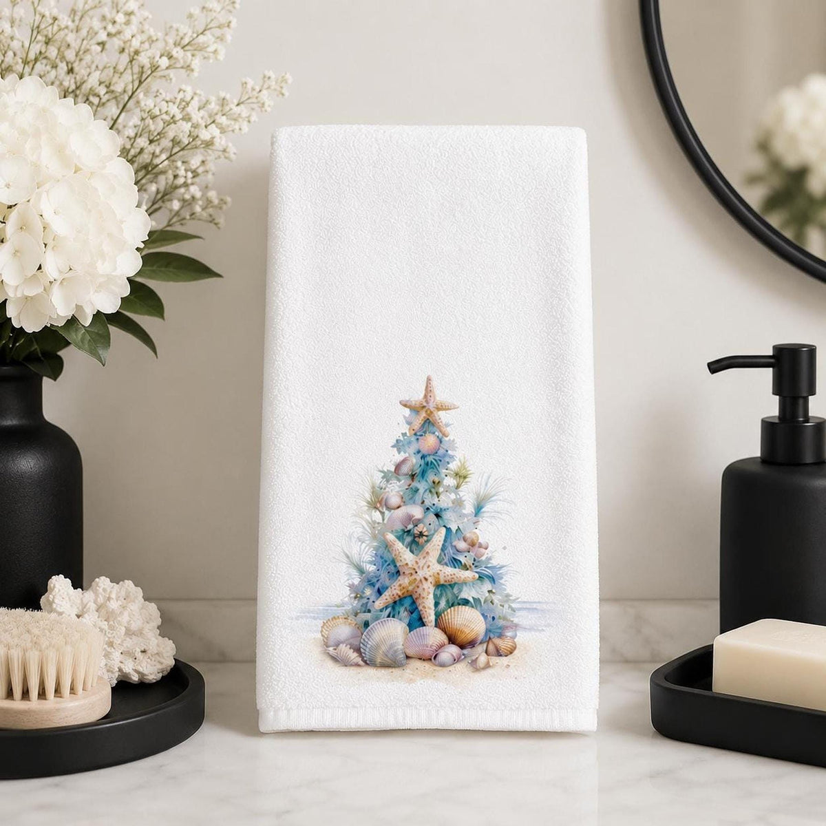 Seashell Towel, Coastal Christmas Decor with Starfish Tree, 15 × 25 Inches