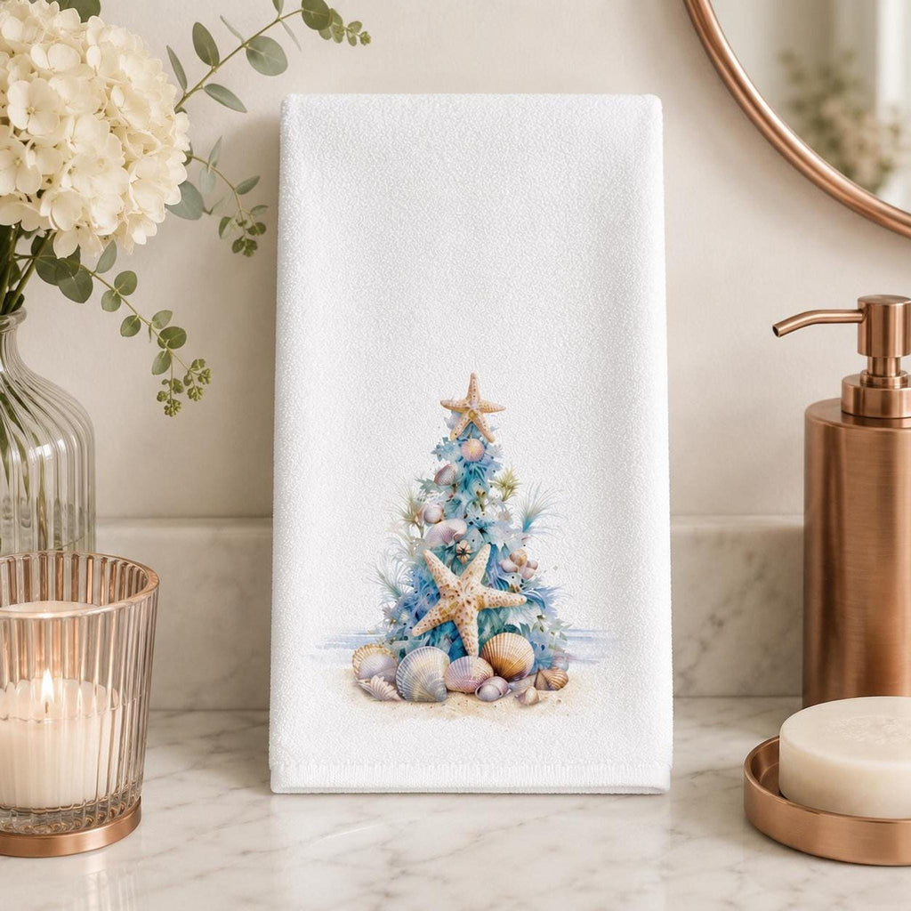 Seashell Towel, Coastal Christmas Decor with Starfish Tree, 15 × 25 Inches