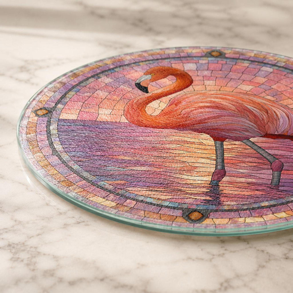 Serving Cheese Board, Pink Tempered Glass with Flamingo Stained-Glass Design