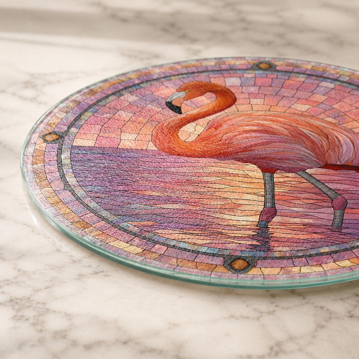 Serving Cheese Board, Pink Tempered Glass with Flamingo Stained-Glass Design