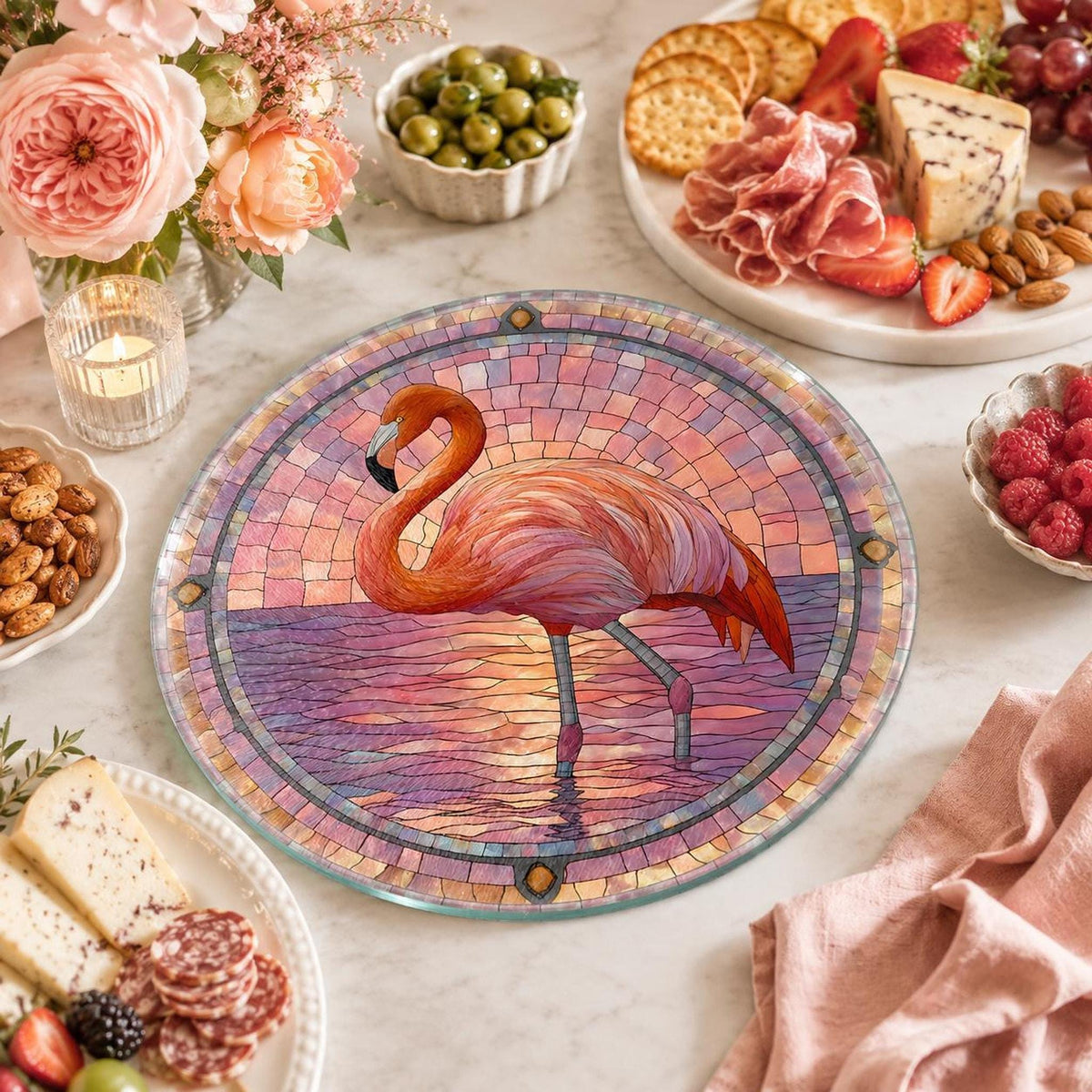 Serving Cheese Board, Pink Tempered Glass with Flamingo Stained-Glass Design