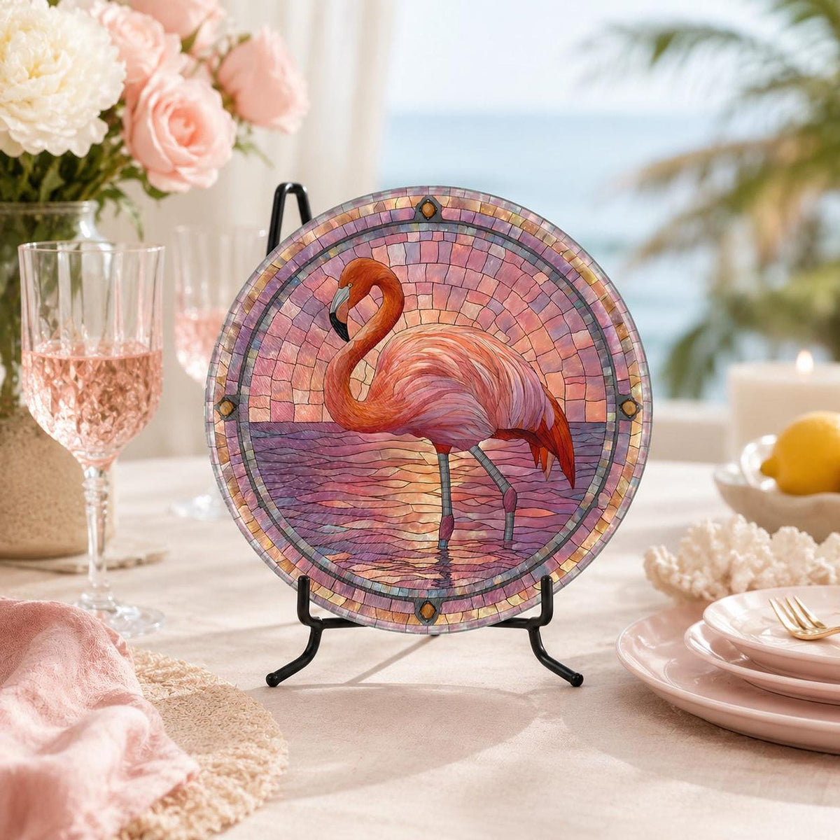 Serving Cheese Board, Pink Tempered Glass with Flamingo Stained-Glass Design