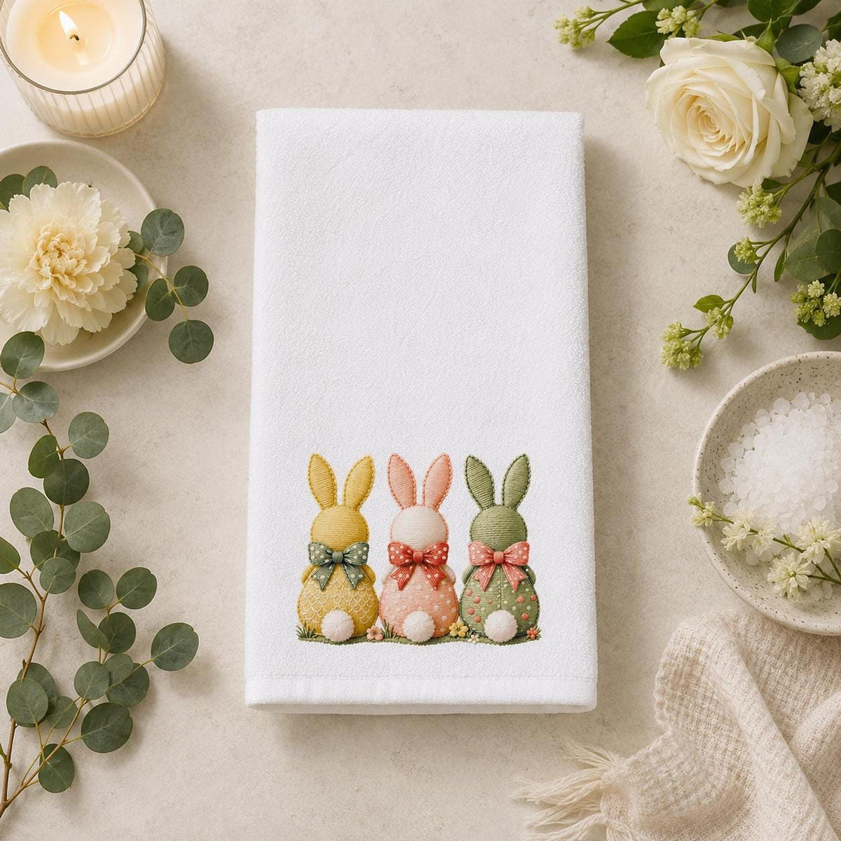 Easter Bunny Hand Towel, Pastel Rabbit Trio Decor, Spring Guest Bath Accent