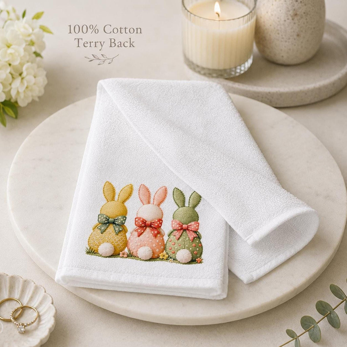 Easter Bunny Hand Towel, Pastel Rabbit Trio Decor, Spring Guest Bath Accent