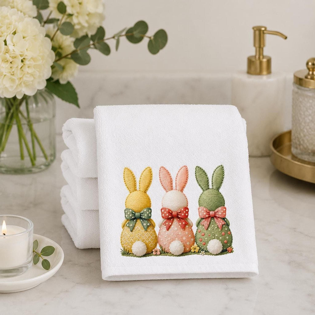 Easter Bunny Hand Towel, Pastel Rabbit Trio Decor, Spring Guest Bath Accent
