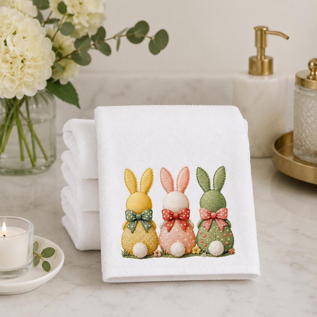 Easter Bunny Hand Towel, Pastel Rabbit Trio Decor, Spring Guest Bath Accent