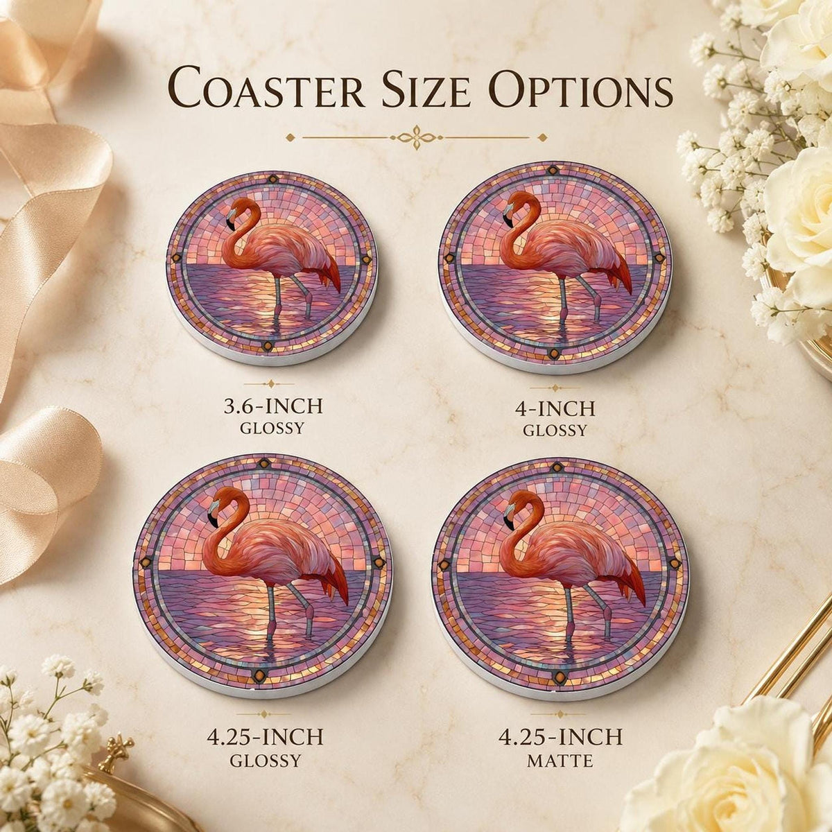 Flamingo Table Decor Ceramic Coaster, Pink Mosaic Artwork with Cork Backing