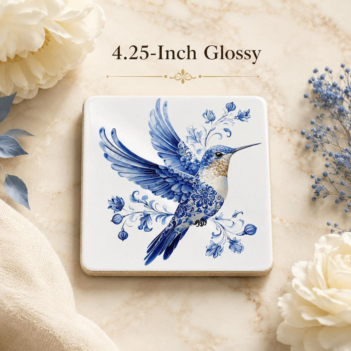 Porcelain Style Tile, Blue And White Hummingbird Coaster with Cork Back