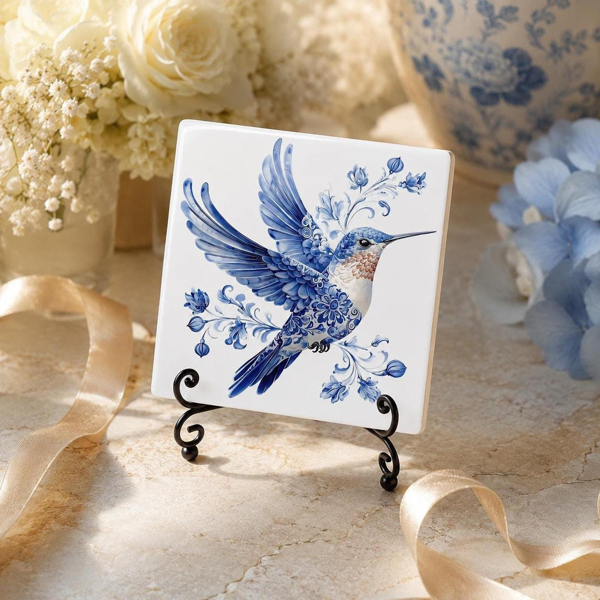 Porcelain Style Tile, Blue And White Hummingbird Coaster with Cork Back