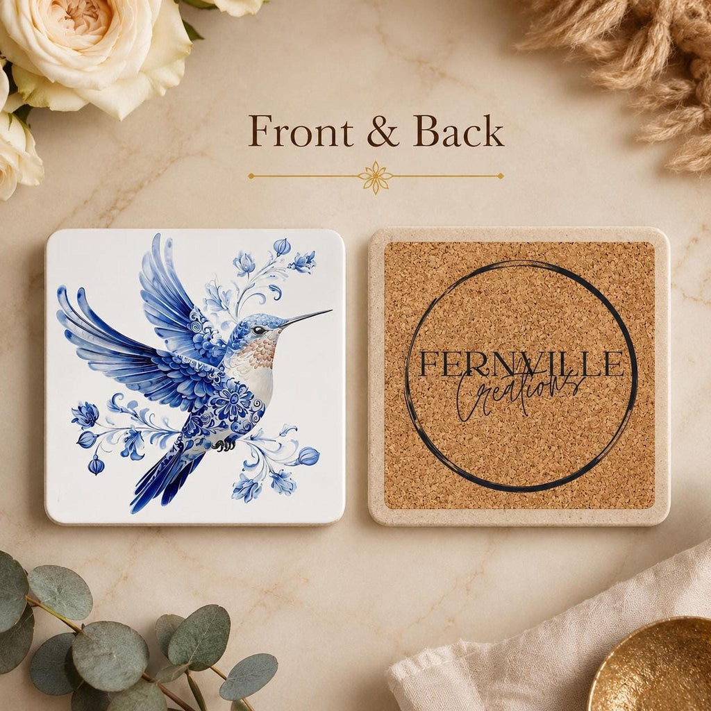 Porcelain Style Tile, Blue And White Hummingbird Coaster with Cork Back