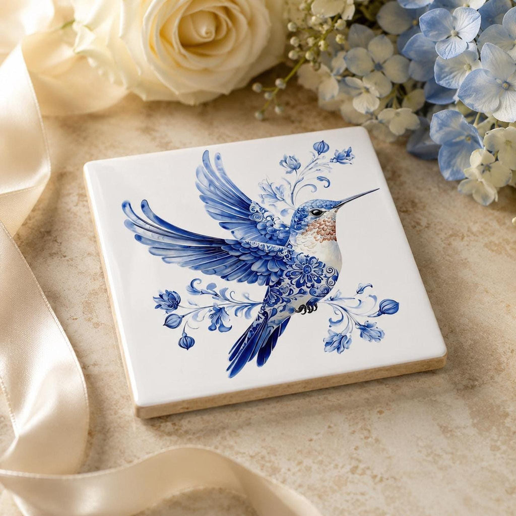 Porcelain Style Tile, Blue And White Hummingbird Coaster with Cork Back