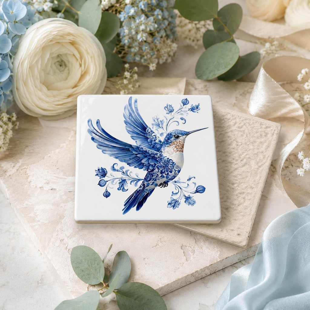 Porcelain Style Tile, Blue And White Hummingbird Coaster with Cork Back
