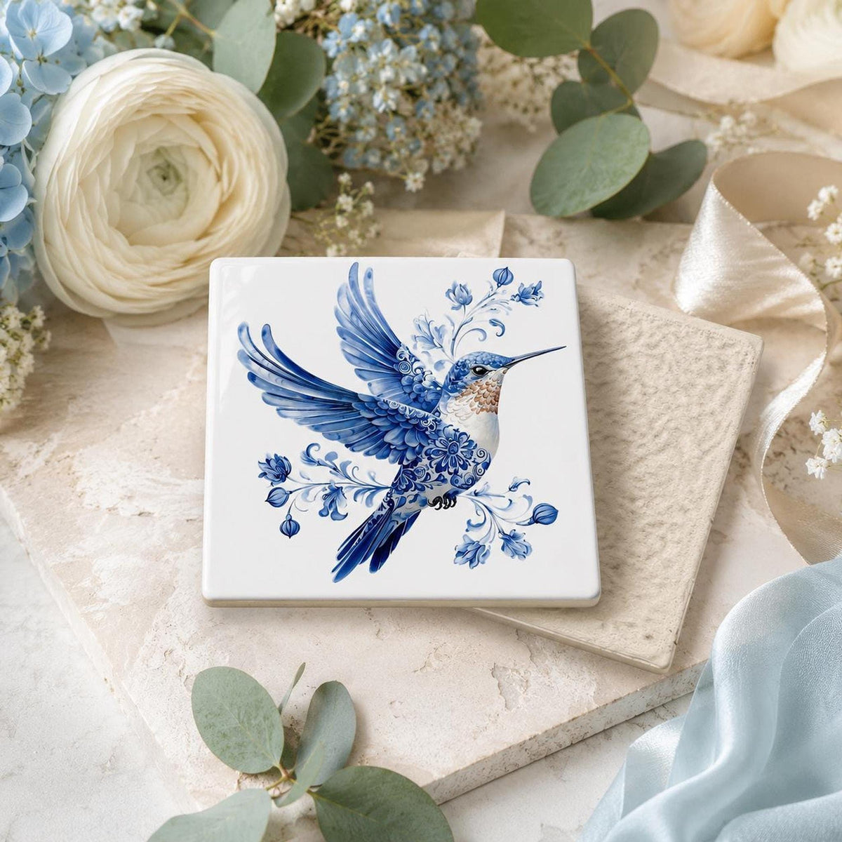 Porcelain Style Tile, Blue And White Hummingbird Coaster with Cork Back