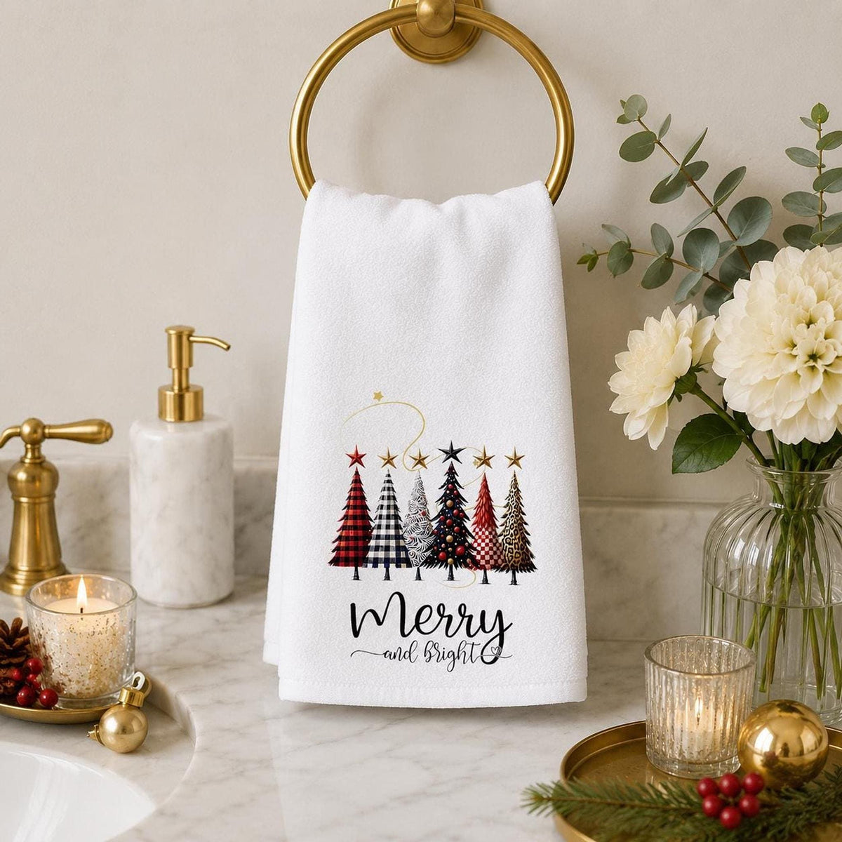 Christmas Hand Towel, 15 x 25 Inch Sheared Polyester Cotton Terrycloth