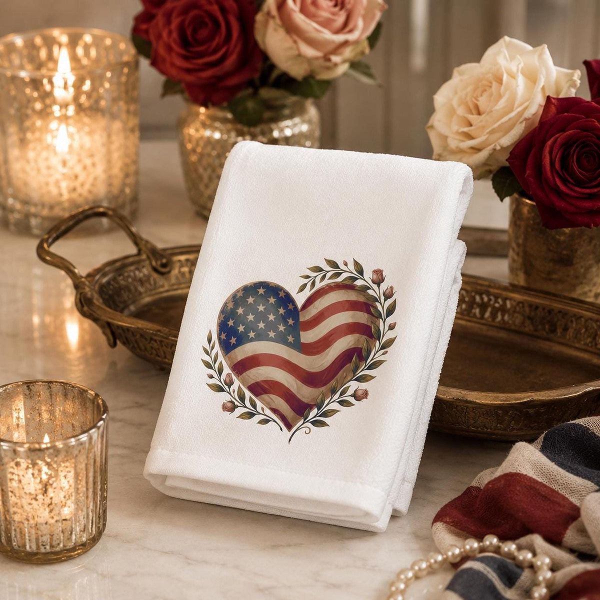 Memorial Day Decor, White Patriotic Heart Hand Towel, Cotton Terrycloth Back