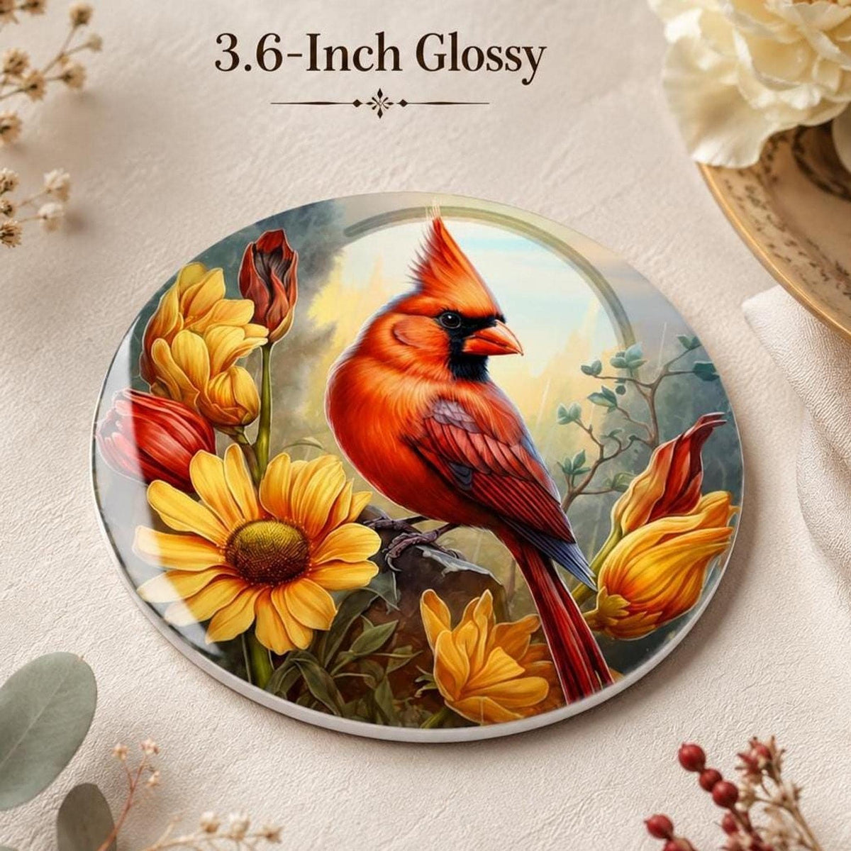 Cardinal Bird Decor Ceramic Coaster, Red Floral Artwork, Glossy Or Matte Finish