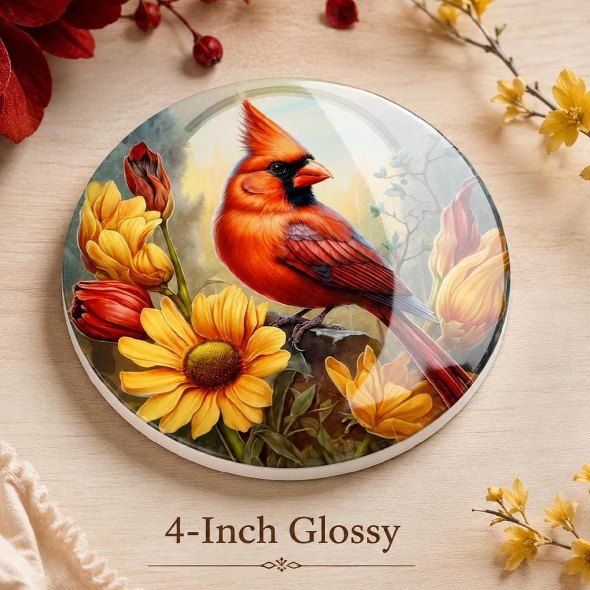 Cardinal Bird Decor Ceramic Coaster, Red Floral Artwork, Glossy Or Matte Finish