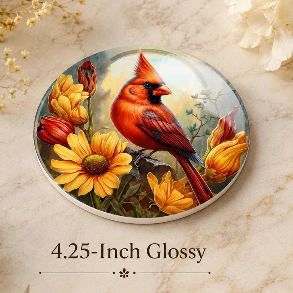 Cardinal Bird Decor Ceramic Coaster, Red Floral Artwork, Glossy Or Matte Finish