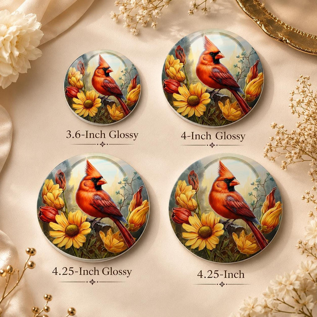 Cardinal Bird Decor Ceramic Coaster, Red Floral Artwork, Glossy Or Matte Finish