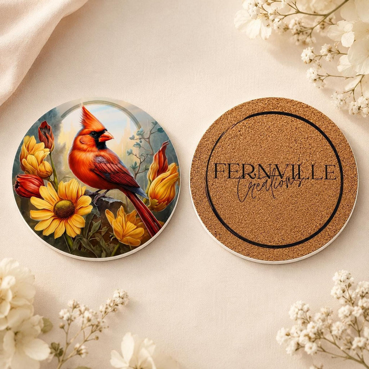 Cardinal Bird Decor Ceramic Coaster, Red Floral Artwork, Glossy Or Matte Finish