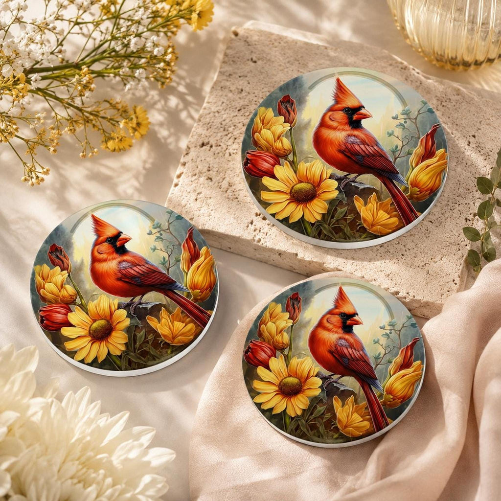 Cardinal Bird Decor Ceramic Coaster, Red Floral Artwork, Glossy Or Matte Finish