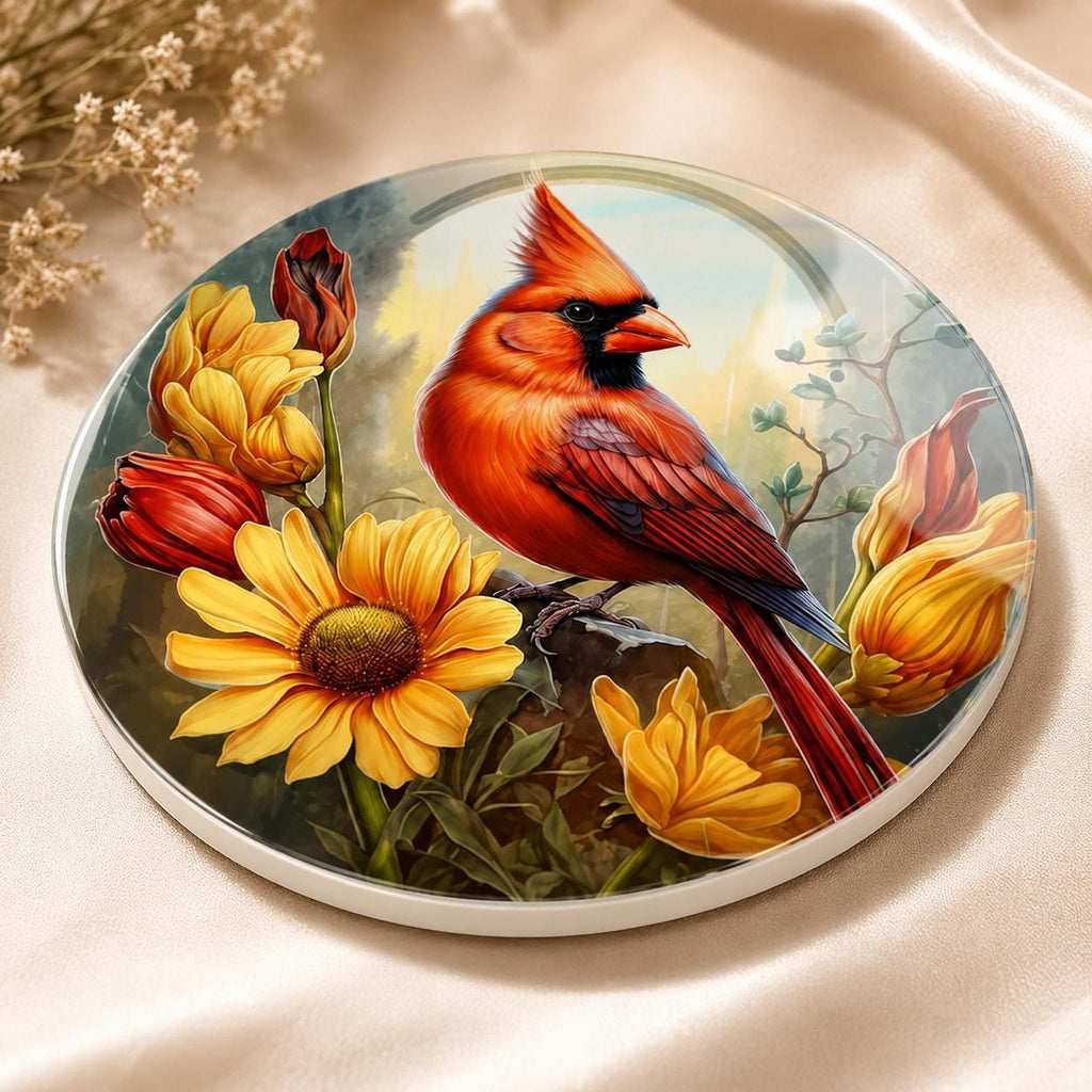 Cardinal Bird Decor Ceramic Coaster, Red Floral Artwork, Glossy Or Matte Finish