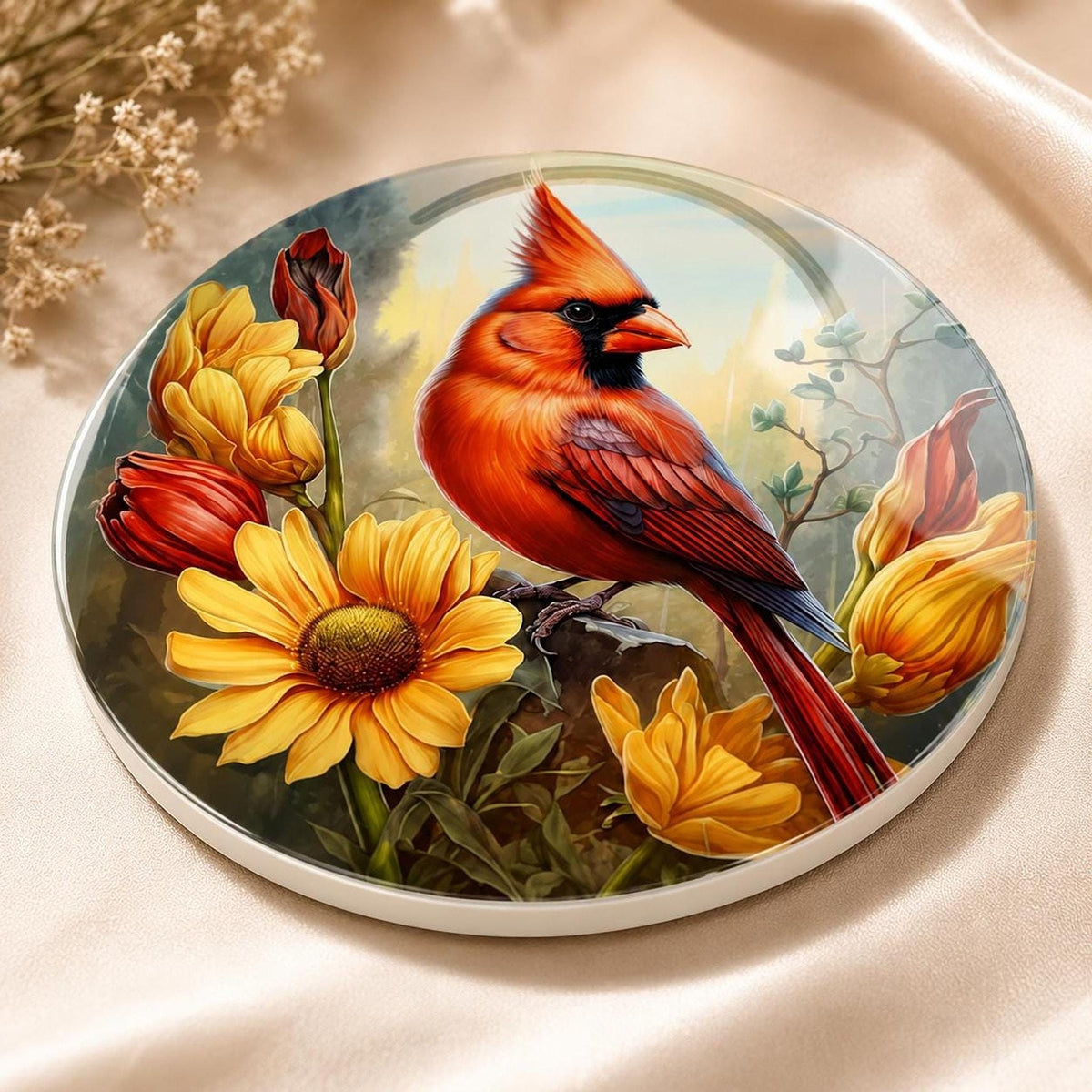 Cardinal Bird Decor Ceramic Coaster, Red Floral Artwork, Glossy Or Matte Finish