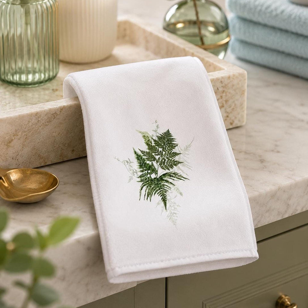 Decorative Guest Towel, Botanical Fern Design, Cotton Terrycloth Powder Room Decor