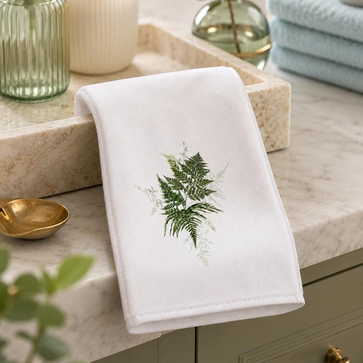 Decorative Guest Towel, Botanical Fern Design, Cotton Terrycloth Powder Room Decor