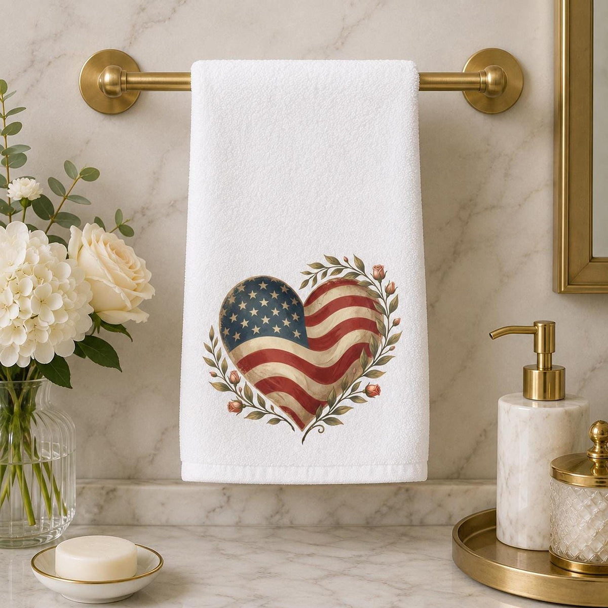 Patriotic Hand Towel, American Flag Heart Design with Cotton Terry Back