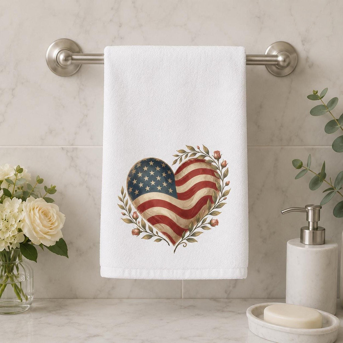 Patriotic Hand Towel, American Flag Heart Design with Cotton Terry Back