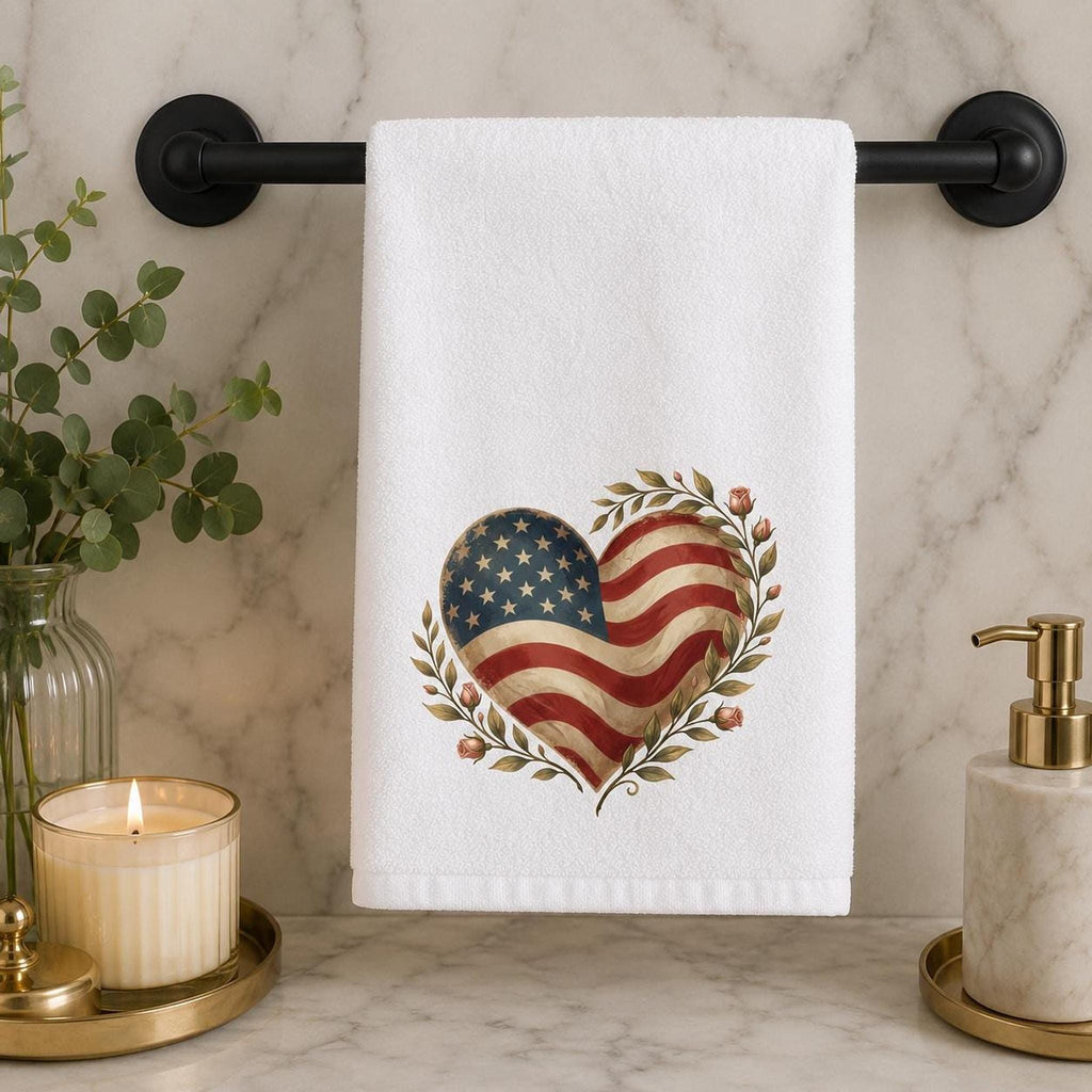 Patriotic Hand Towel, American Flag Heart Design with Cotton Terry Back