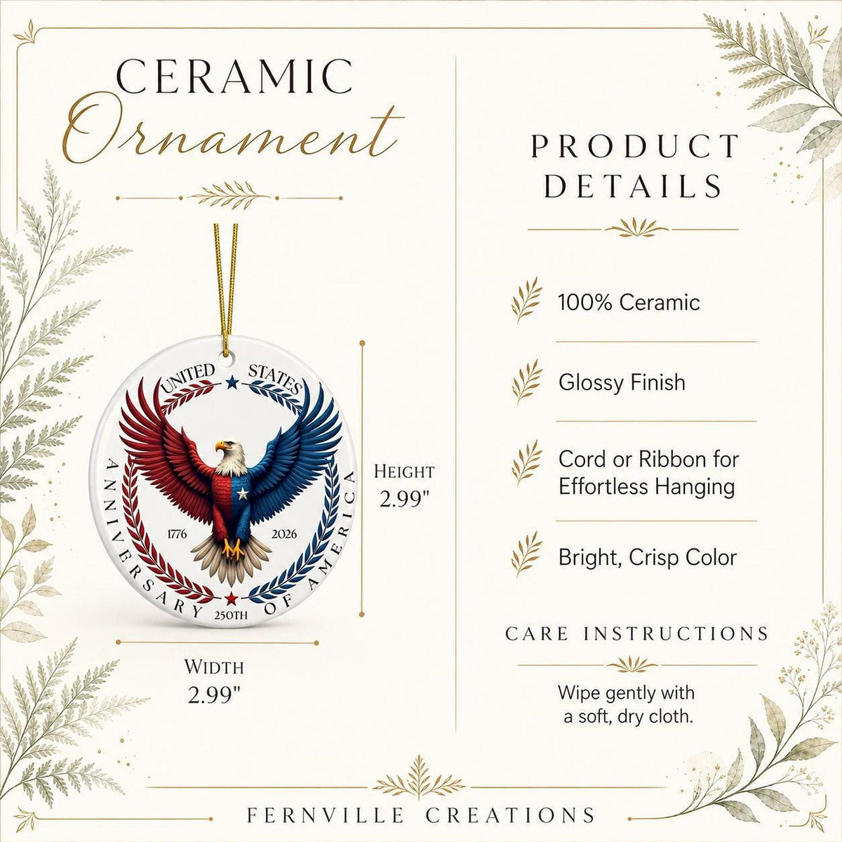 America 250th Ceramic Ornament, Patriotic Eagle Decor, 1776–2026 Keepsake, USA Anniversary Gift