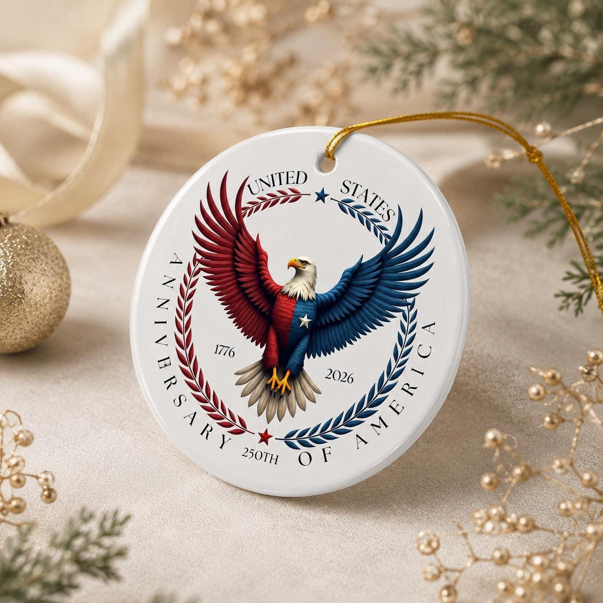 America 250th Ceramic Ornament, Patriotic Eagle Decor, 1776–2026 Keepsake, USA Anniversary Gift