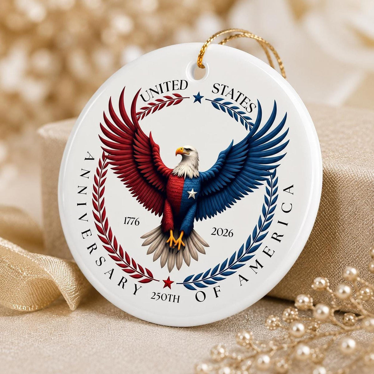 America 250th Ceramic Ornament, Patriotic Eagle Decor, 1776–2026 Keepsake, USA Anniversary Gift