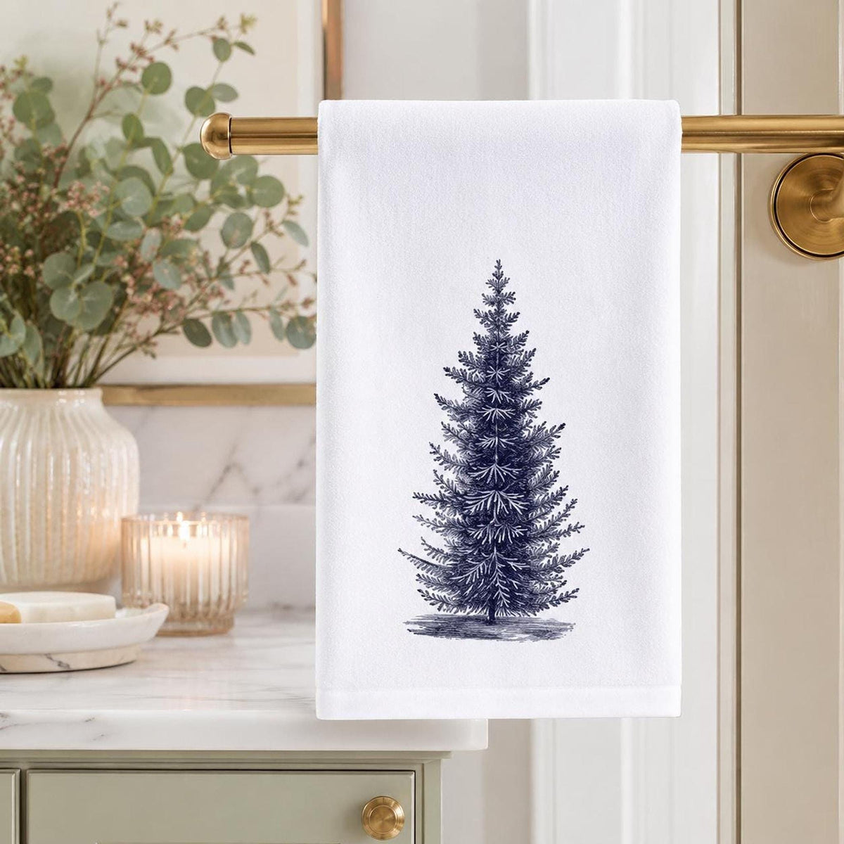 Rustic Greenery Hand Towel, Black And White Pine Design, Cotton Terrycloth Reverse