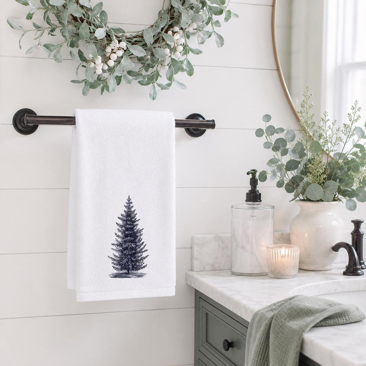 Rustic Greenery Hand Towel, Black And White Pine Design, Cotton Terrycloth Reverse