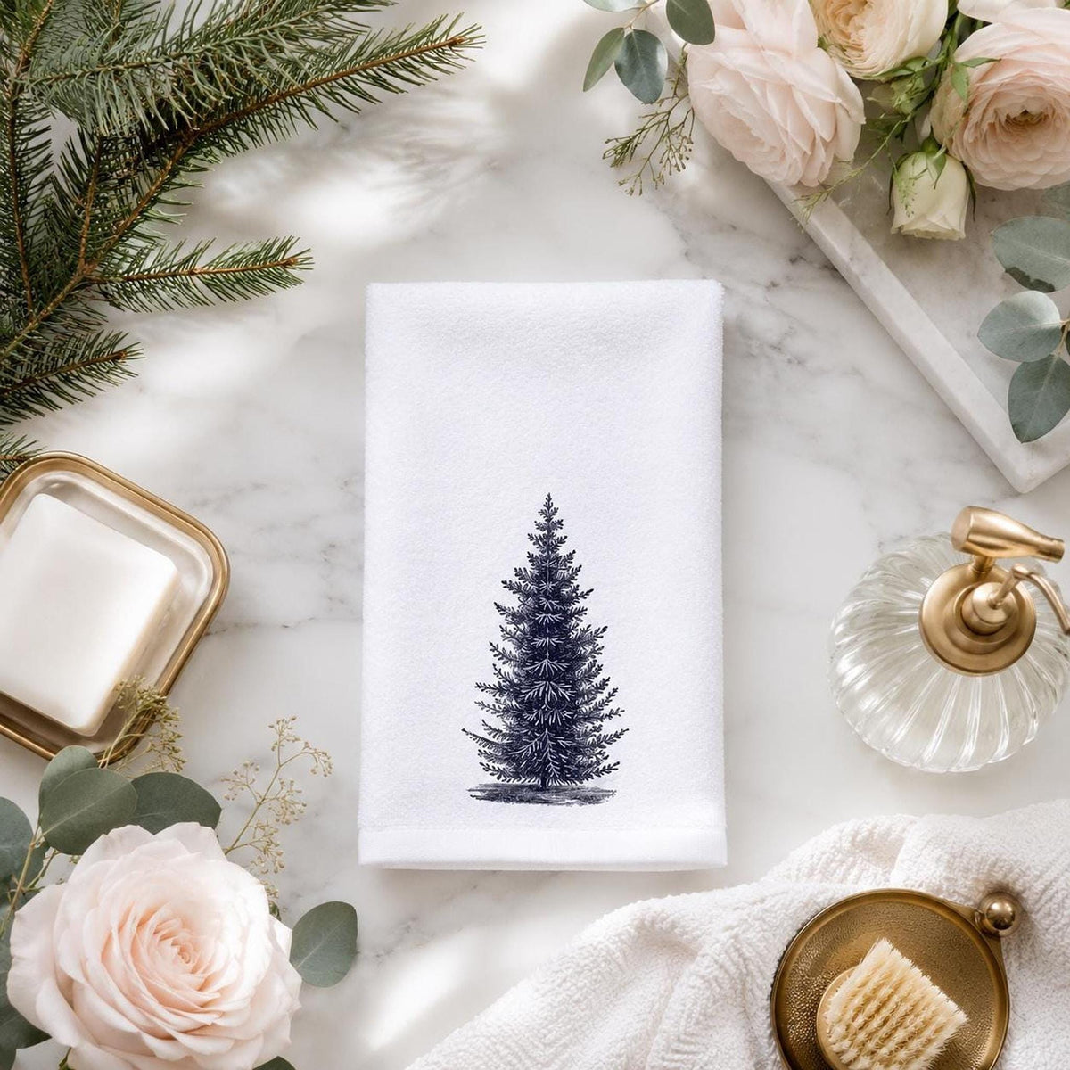 Rustic Greenery Hand Towel, Black And White Pine Design, Cotton Terrycloth Reverse