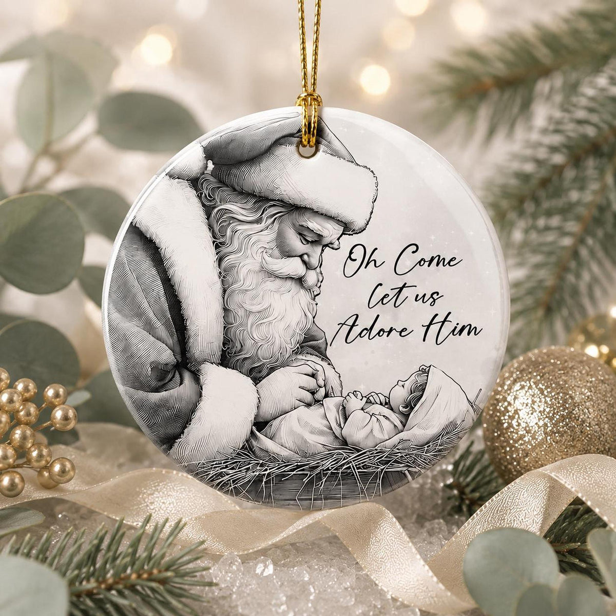 Adore Him Decor Santa And Baby Jesus Ornament, Glossy White Ceramic Keepsake