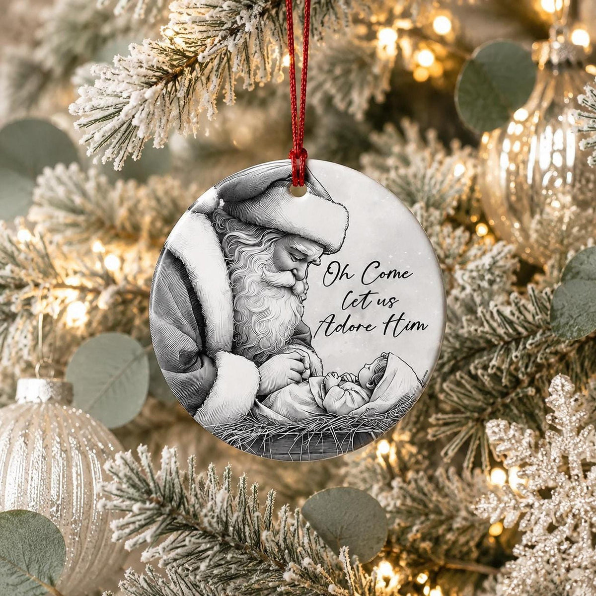 Adore Him Decor Santa And Baby Jesus Ornament, Glossy White Ceramic Keepsake