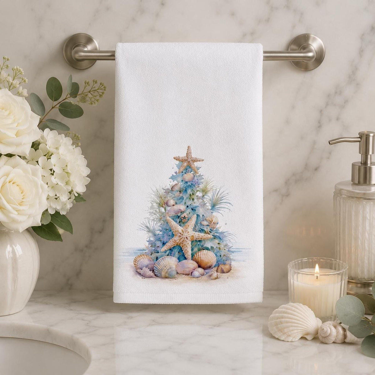 Coastal Christmas Hand Towel, Seashell Tree Decor, Starfish Holiday Accent, Beach Lover Gift
