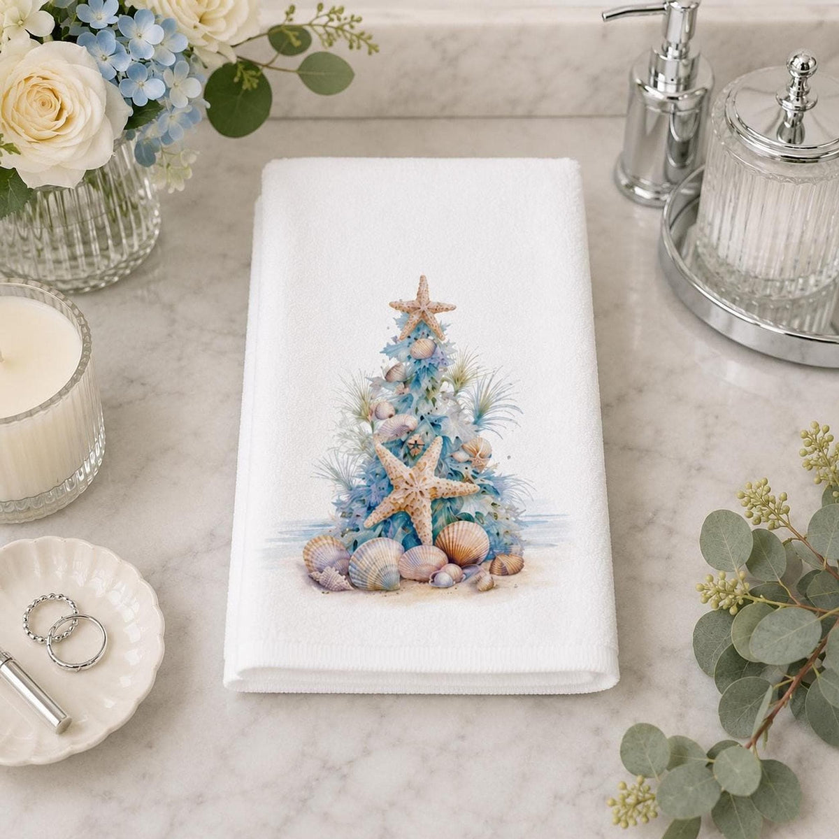Coastal Christmas Hand Towel, Seashell Tree Decor, Starfish Holiday Accent, Beach Lover Gift