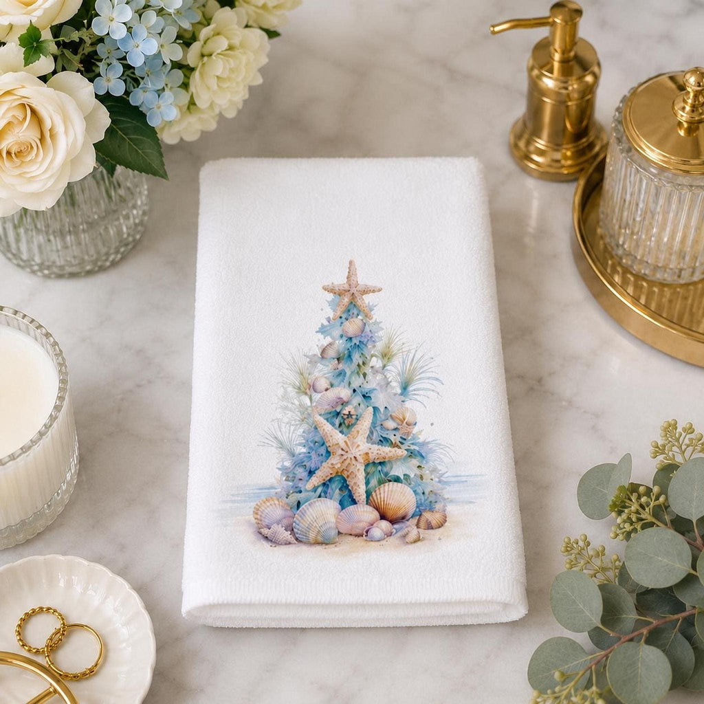 Coastal Christmas Hand Towel, Seashell Tree Decor, Starfish Holiday Accent, Beach Lover Gift