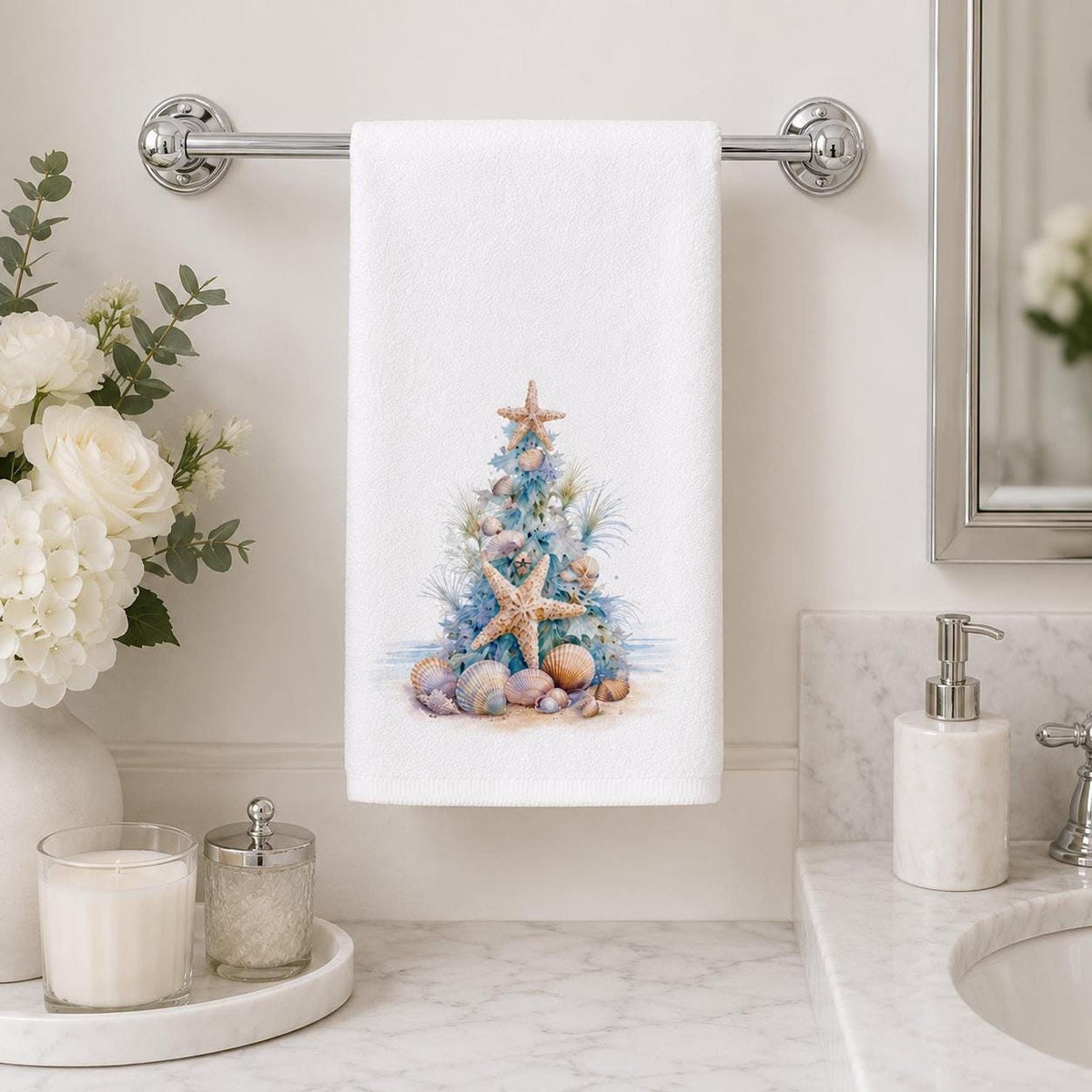 Coastal Christmas Hand Towel, Seashell Tree Decor, Starfish Holiday Accent, Beach Lover Gift